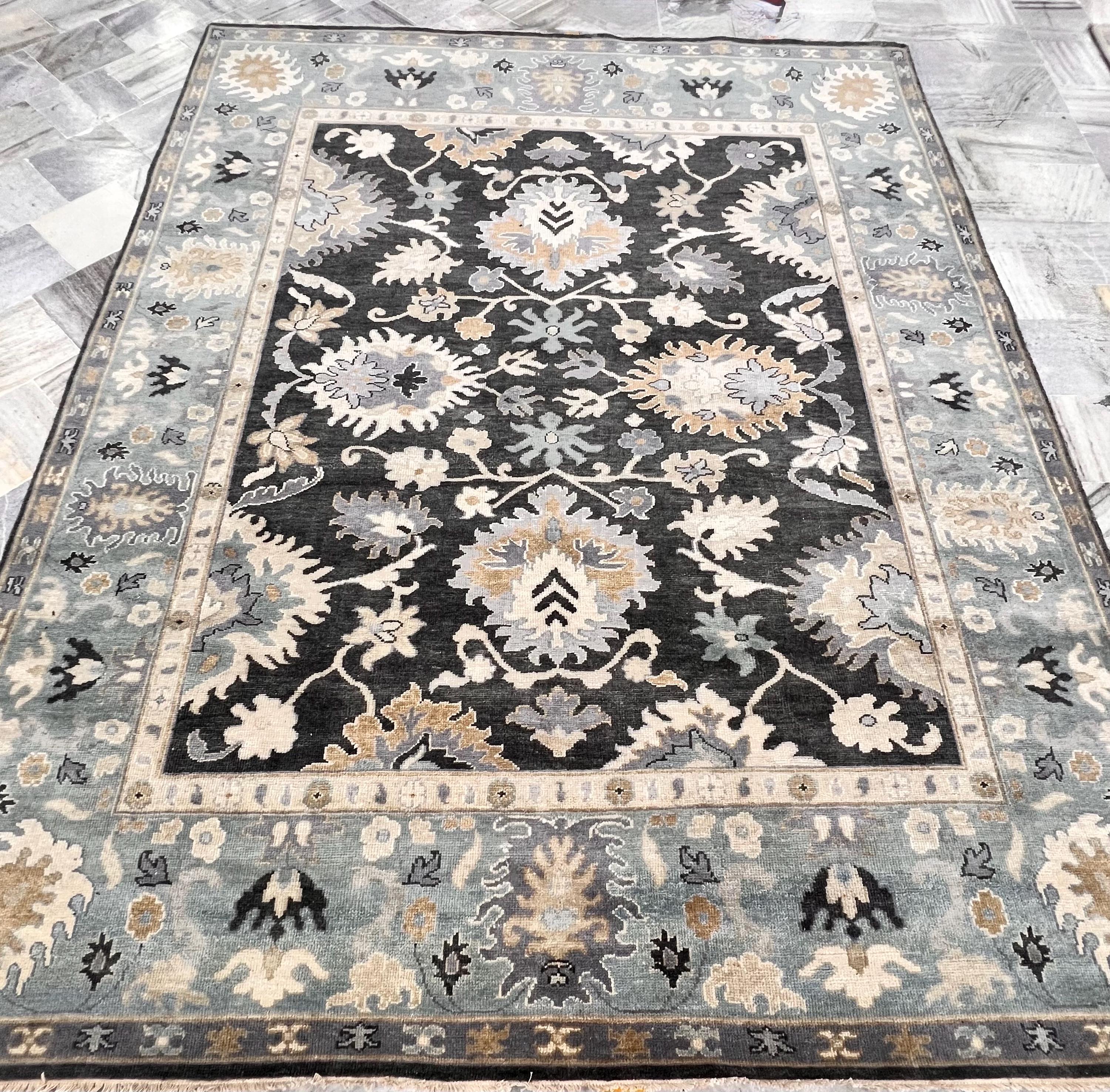 Hand-Knotted Charcoal & Slate Blue Oushak Wool Rug (8x10)