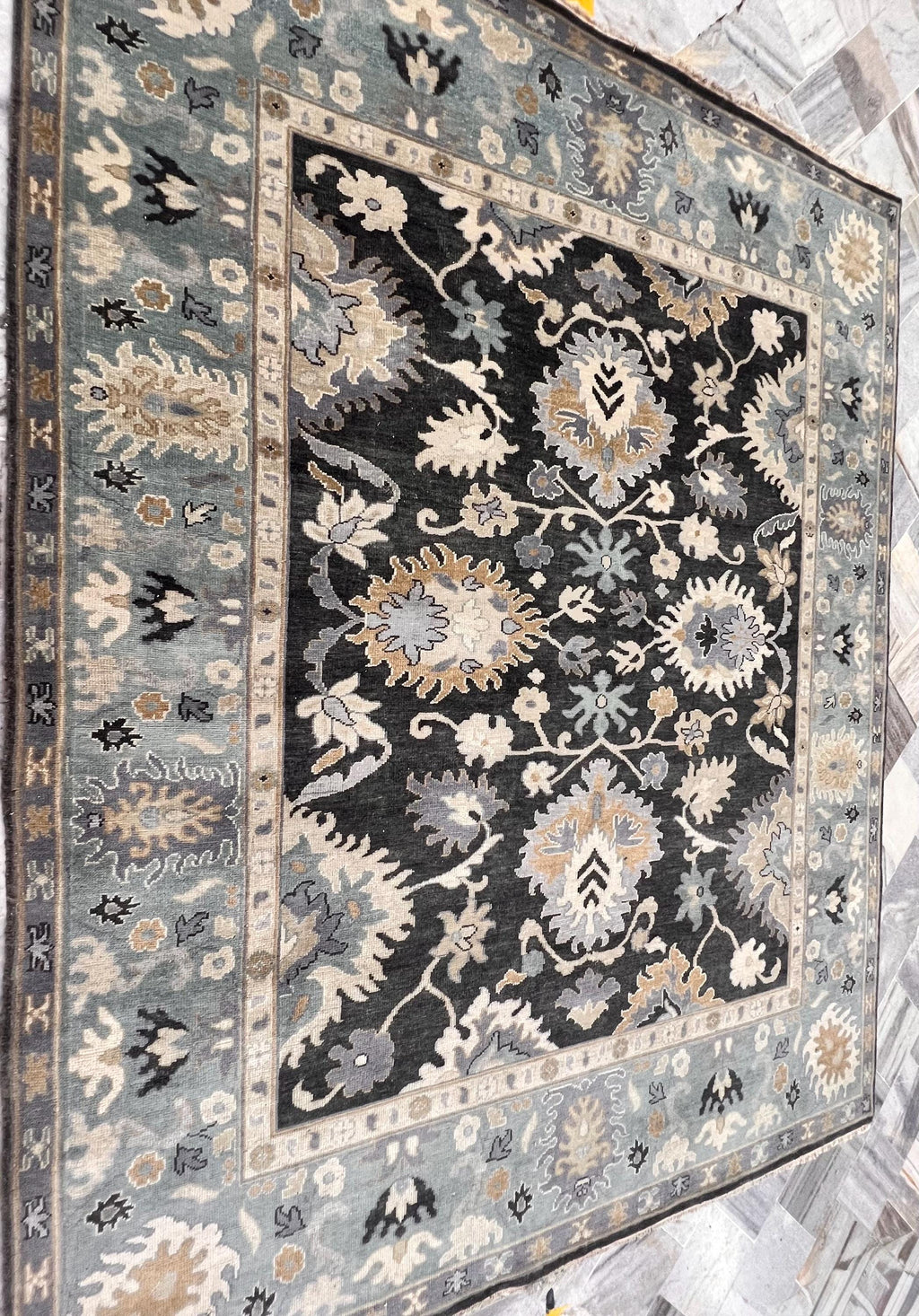 Hand-Knotted Charcoal & Slate Blue Oushak Wool Rug (8x10)
