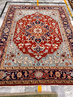 Hand-Knotted Red & Blue Area Rug Traditional Anatolian Design 8x10 Wool Living Room Rug