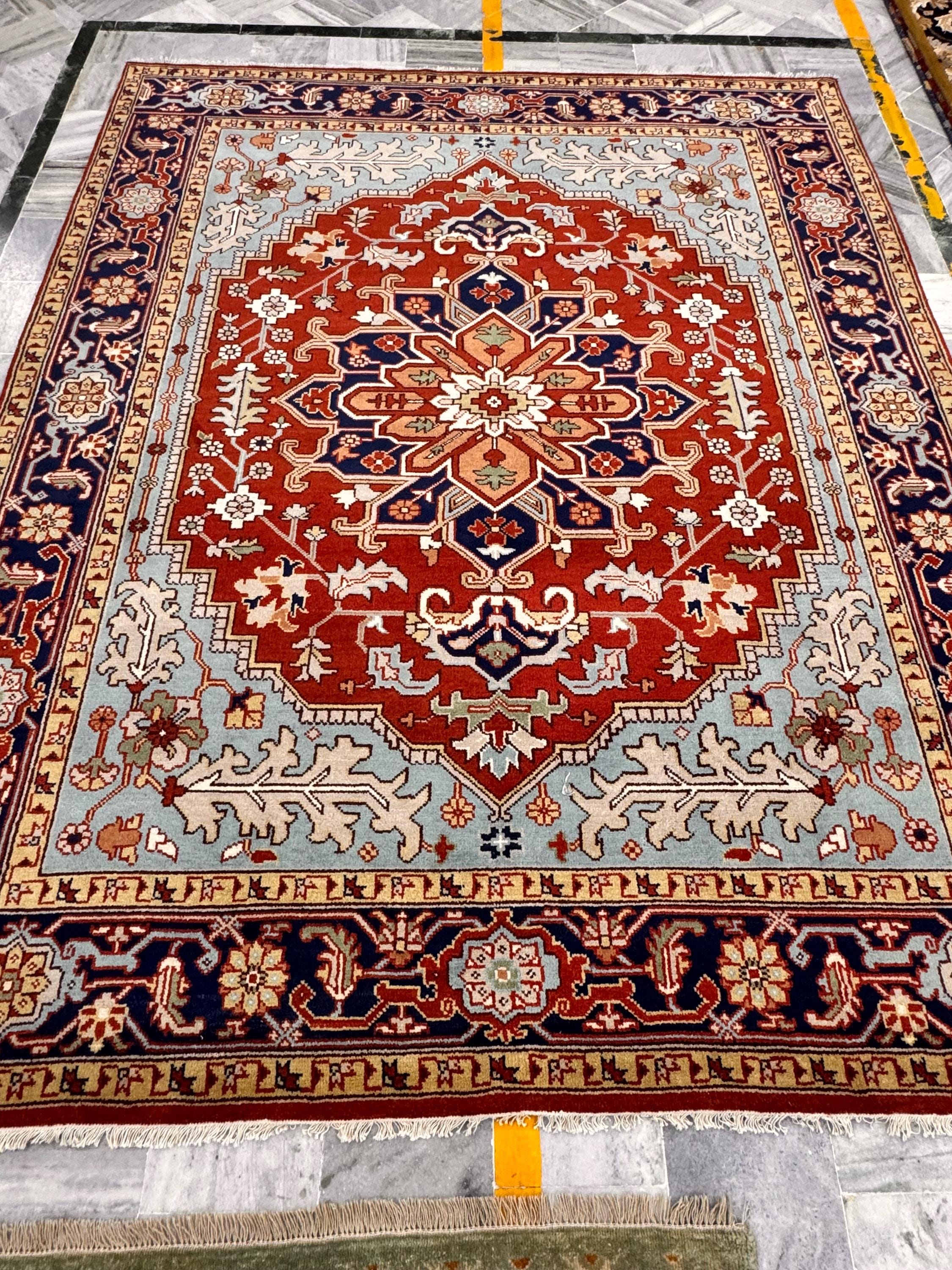 Hand-Knotted Red & Blue Area Rug Traditional Anatolian Design 8x10 Wool Living Room Rug