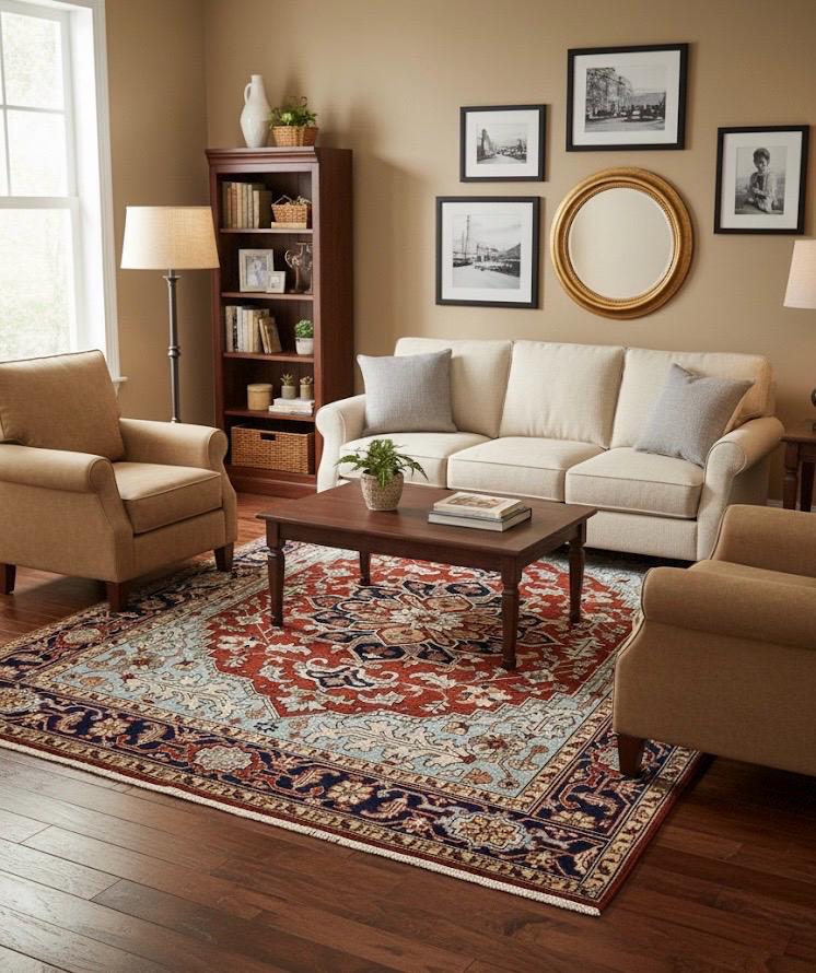 Hand-Knotted Red & Blue Area Rug Traditional Anatolian Design 8x10 Wool Living Room Rug