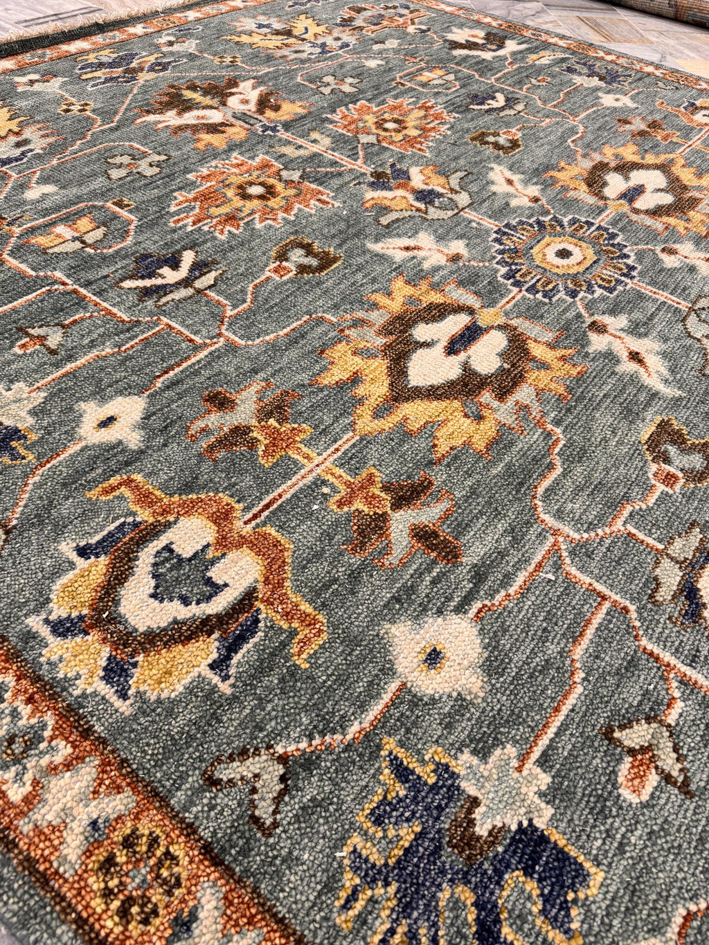 8x10 Ft Hand-Knotted Oushak Wool Rug - Slate Blue & Terracotta Vintage Boho Decor