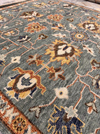 8x10 Ft Hand-Knotted Oushak Wool Rug - Slate Blue & Terracotta Vintage Boho Decor