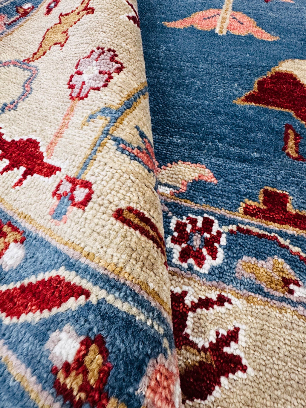 Hand-Knotted Blue Oushak Wool Rug | 8x10 Authentic Turkish Style