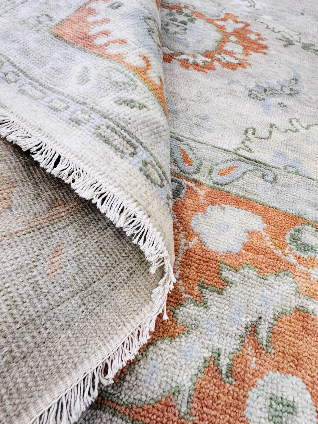 Hand-Knotted 8x10 Antique Oushak Wool Rug – Terracotta & Sage