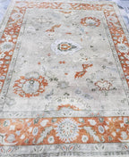 Hand-Knotted 8x10 Antique Oushak Wool Rug – Terracotta & Sage