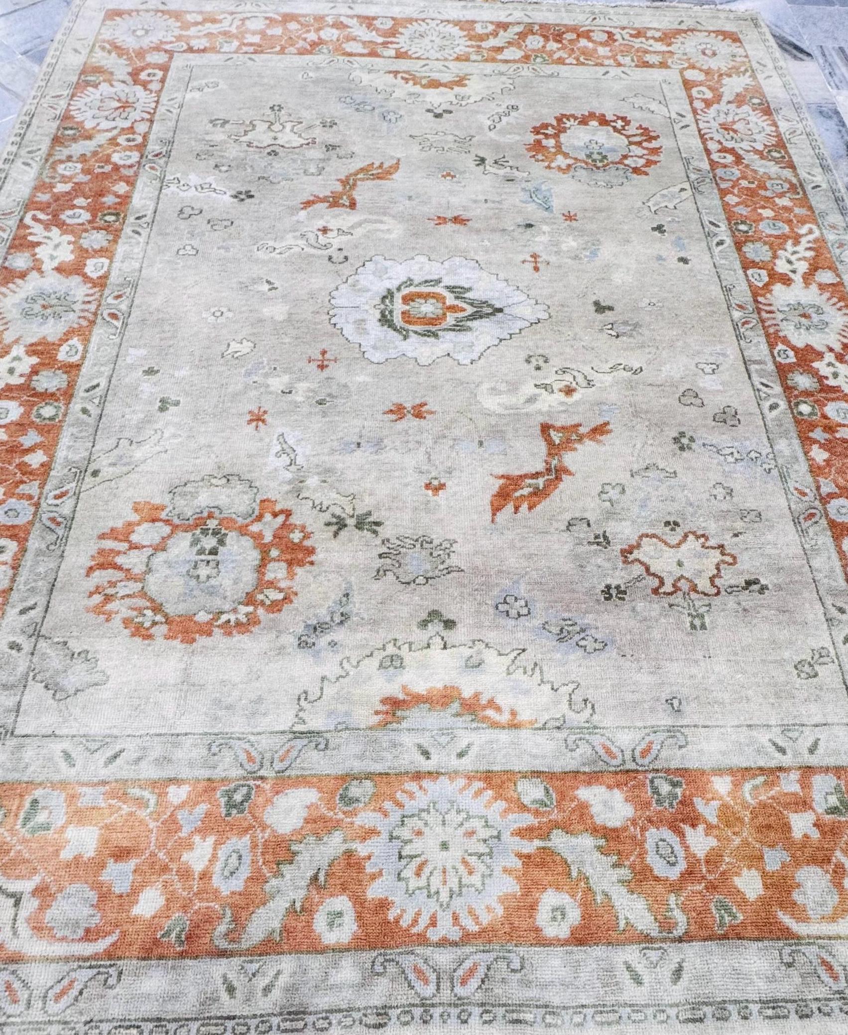 Hand-Knotted 8x10 Antique Oushak Wool Rug – Terracotta & Sage
