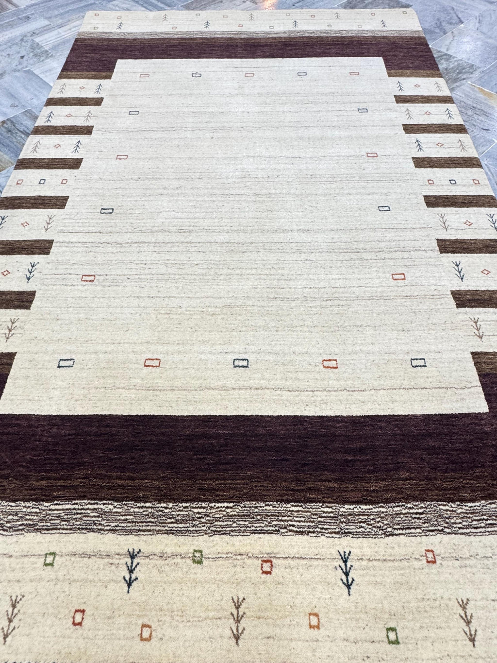 5x8 ft Modern Gabbeh Carpet - Thick Wool, Neutral Cream Field & Chocolate Border