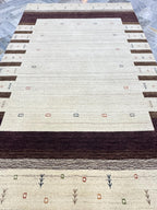 5x8 ft Modern Gabbeh Carpet - Thick Wool, Neutral Cream Field & Chocolate Border