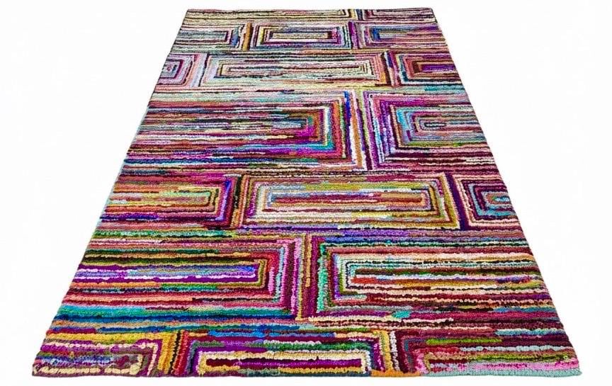 5x8 Multi-Color Recycled Cotton Rag Rug | Handmade Eco-Friendly Area Rug | Vibrant Boho Chindi Geometric boxes Pattern Floor Mat