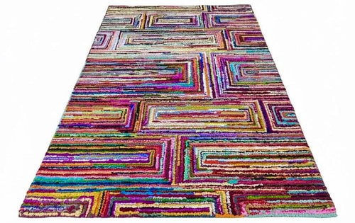 5x8 Multi-Color Recycled Cotton Rag Rug | Handmade Eco-Friendly Area Rug | Vibrant Boho Chindi Geometric boxes Pattern Floor Mat