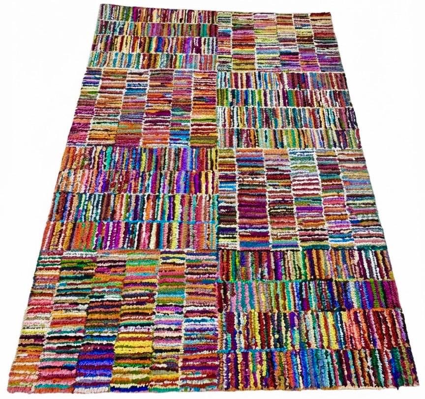 5x8 Multi-Color striped Recycled Cotton Rag Rug | Handmade Eco-Friendly Area Rug | Vibrant Boho Chindi Geometric boxes Pattern Floor Mat