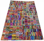 5x8 Multi-Color striped Recycled Cotton Rag Rug | Handmade Eco-Friendly Area Rug | Vibrant Boho Chindi Geometric boxes Pattern Floor Mat