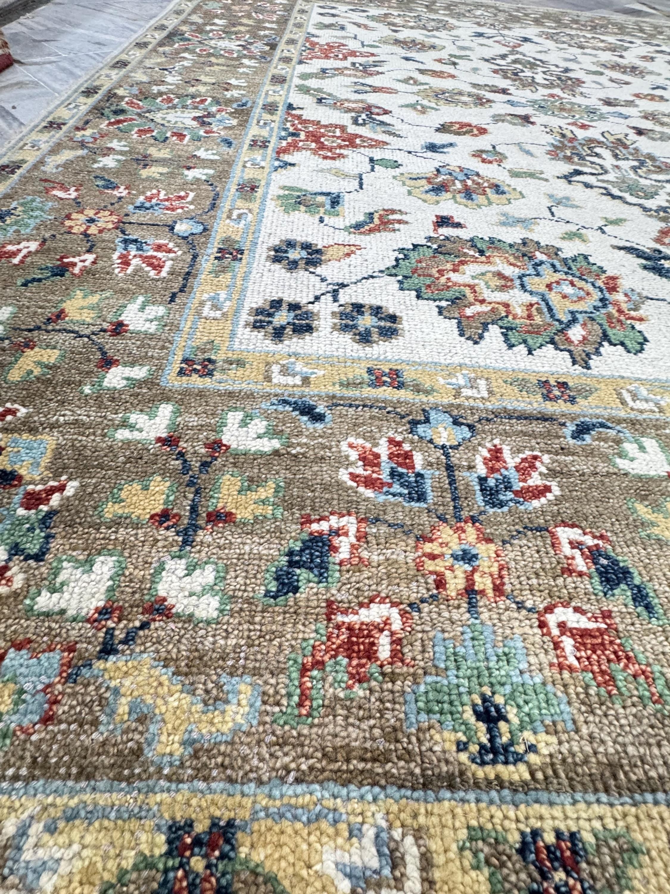 8x10 Vintage-Inspired Hand-Knotted Oushak Wool Rug | Earthy Sage & Terracotta
