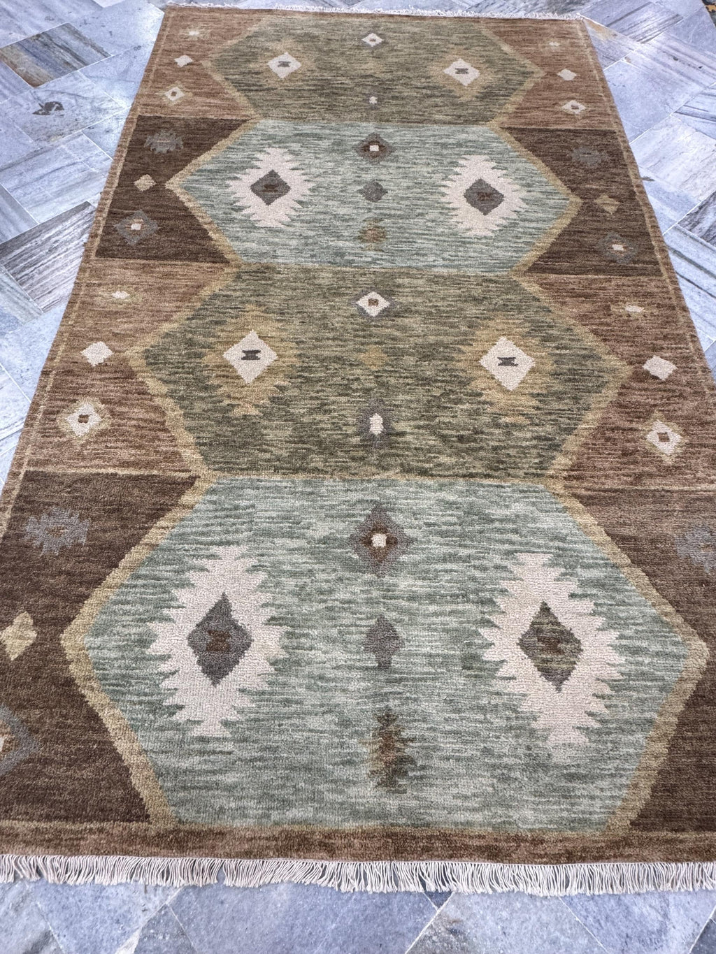 5x8 Hand Knotted Navajo Tribal Geometric Area Rug | Earth Tones, Brown, Sage Green, & Ivory Wool for living room