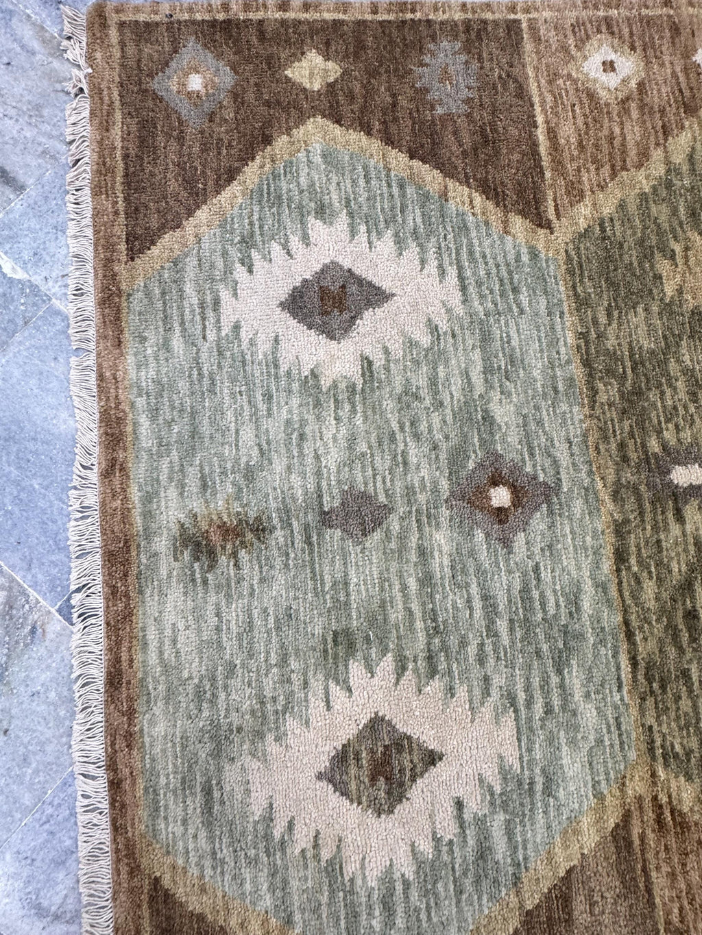 5x8 Hand Knotted Navajo Tribal Geometric Area Rug | Earth Tones, Brown, Sage Green, & Ivory Wool for living room