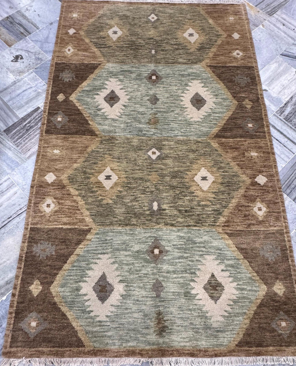 5x8 Hand Knotted Navajo Tribal Geometric Area Rug | Earth Tones, Brown, Sage Green, & Ivory Wool for living room