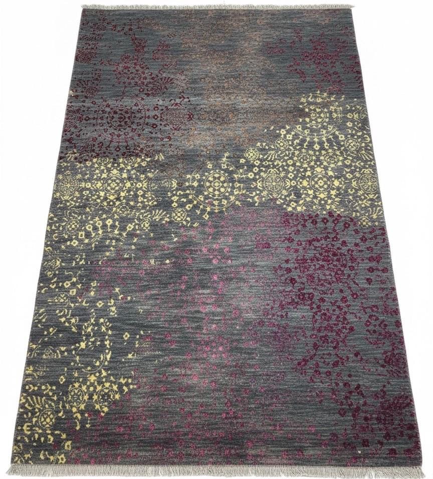 5x8 Hand Knotted Modern Abstract Area Rug | Bright Yellow, purple & Magenta wines on gray background Distressed Wool Carpet