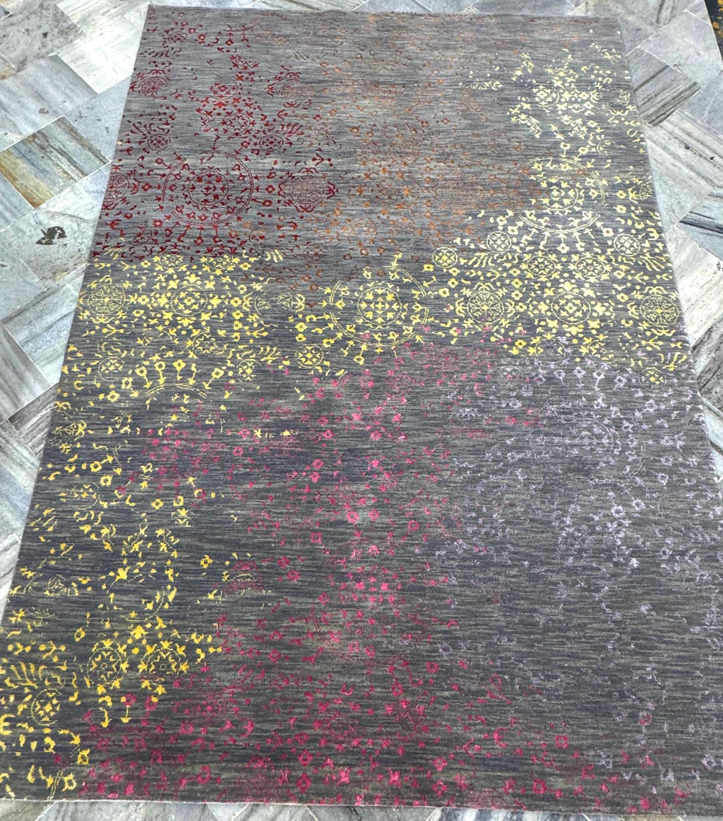 5x8 Hand Knotted Modern Abstract Area Rug | Bright Yellow, purple & Magenta wines on gray background Distressed Wool Carpet