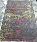 5x8 Hand Knotted Modern Abstract Area Rug | Bright Yellow, purple & Magenta wines on gray background Distressed Wool Carpet