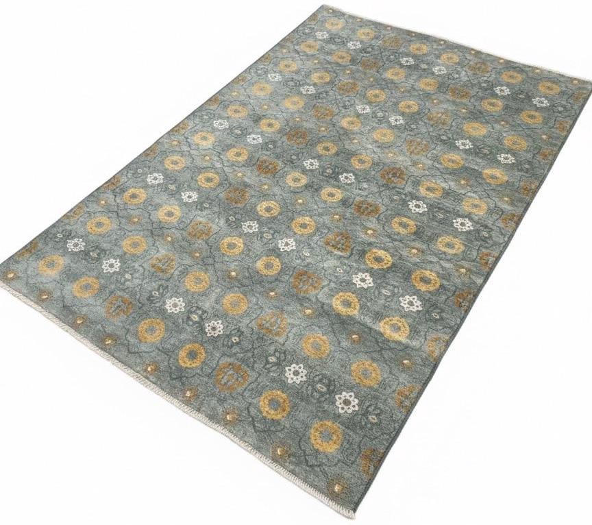 Hand Knotted 6x9 Transitional Area Rug | Sage Green, Mustard Gold, & Ivory Floral Wool Carpet