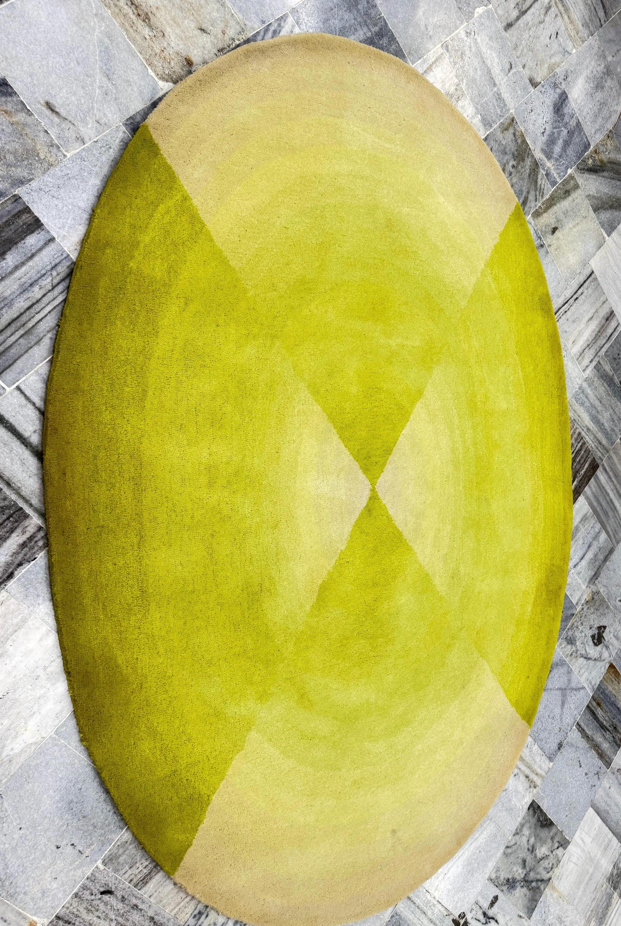 Neon green Hand tufted Oval area Rug 5x7.5 handmade modern rug for living room, bedroom, dining room, vibrant setting for Unique Funky Home