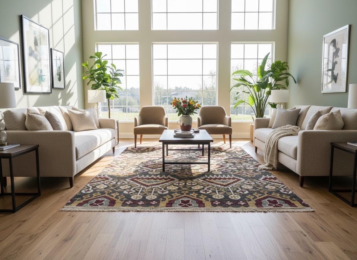 Hand-Knotted Wool Ikat Rug – 6x9 Modern Tribal Area Rug (Charcoal, Burgundy & Gold)