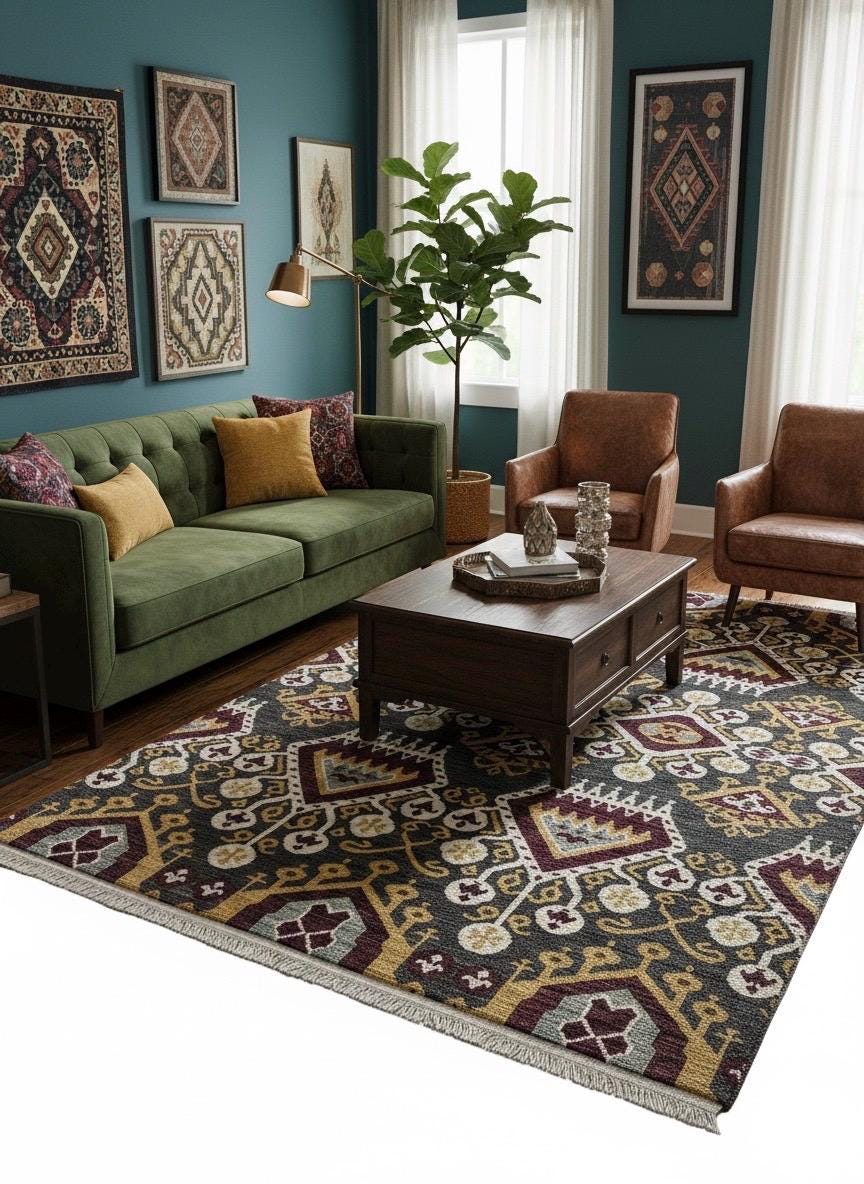 Hand-Knotted Wool Ikat Rug – 6x9 Modern Tribal Area Rug (Charcoal, Burgundy & Gold)