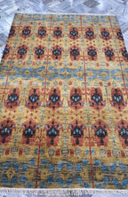 6x9 Hand-Knotted Wool Ikat Rug – Modern Oushak Style Medallion Area Rug