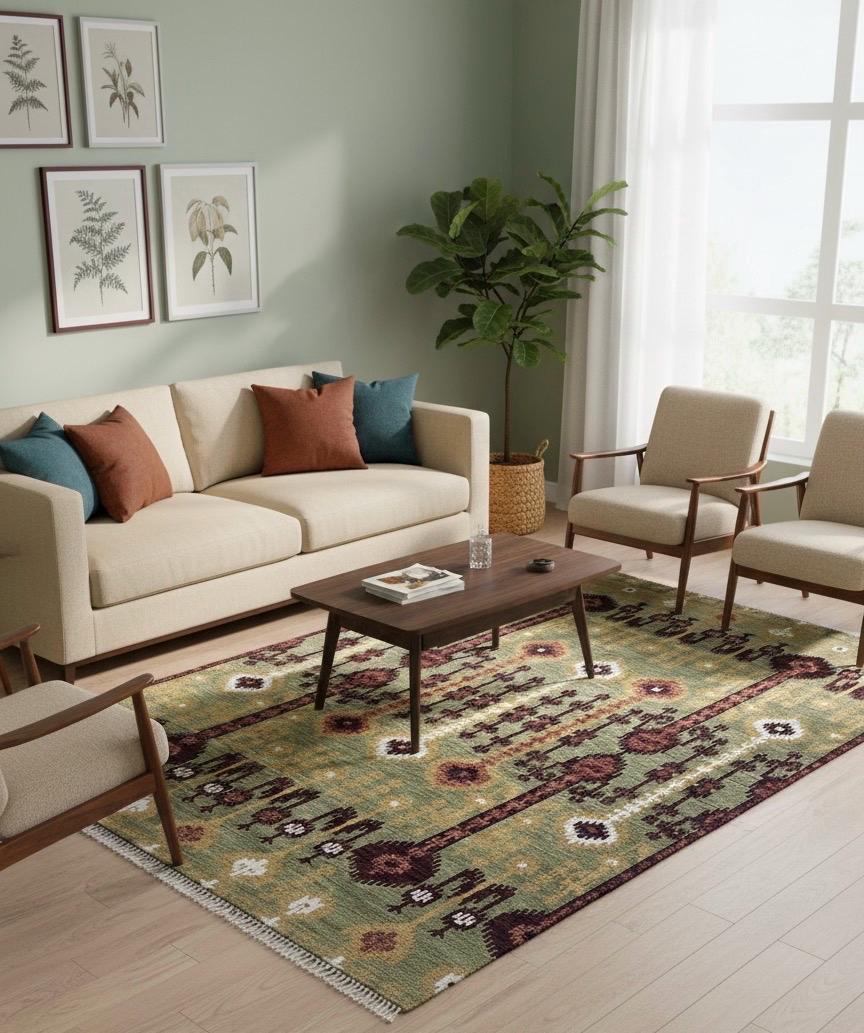 6X9 Hand-Knotted Wool Ikat Rug – Sage, Burgundy & Gold