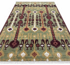 6X9 Hand-Knotted Wool Ikat Rug – Sage, Burgundy & Gold