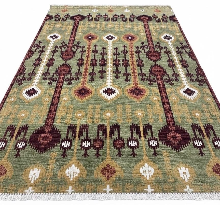 6X9 Hand-Knotted Wool Ikat Rug – Sage, Burgundy & Gold