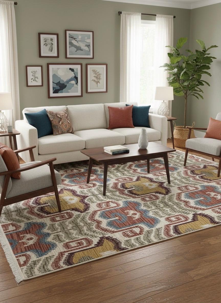 5X8 Vintage-Inspired Hand-Knotted Wool Ikat Rug | Earthy Terracotta & Mustard