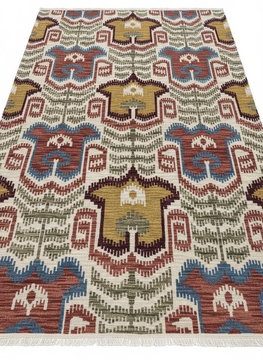 5X8 Vintage-Inspired Hand-Knotted Wool Ikat Rug | Earthy Terracotta & Mustard