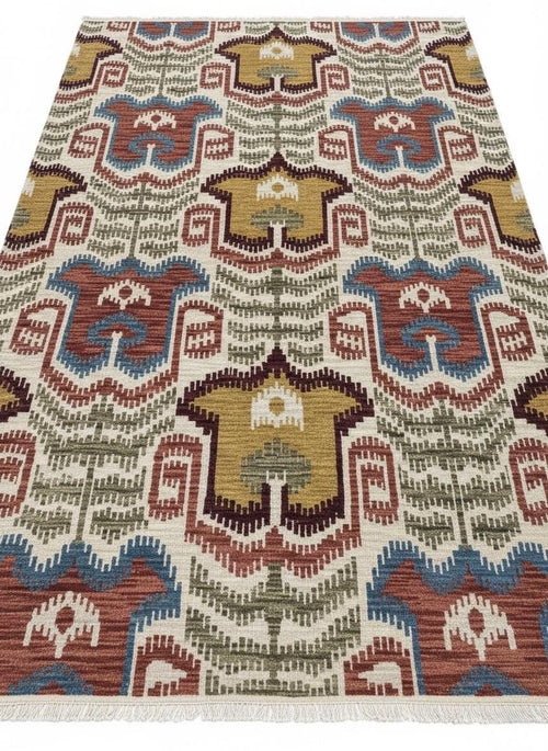 5X8 Vintage-Inspired Hand-Knotted Wool Ikat Rug | Earthy Terracotta & Mustard