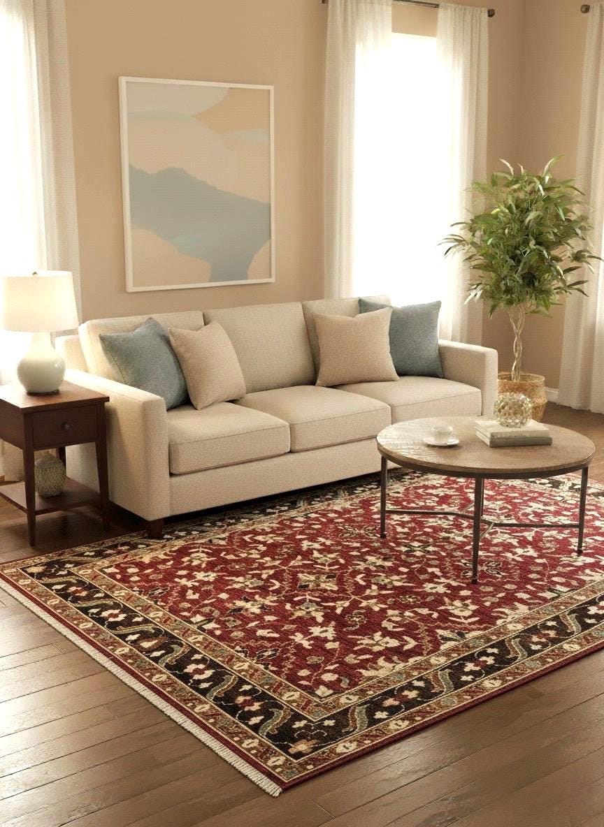 8x10 ft Traditional Floral Medallion Hand-Knotted Wool Rug - Crimson & Espresso