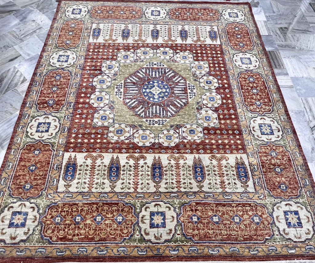 Hand-Knotted Mamluk Style 8x10 Rug, Deep Red, Blue & Gold Accent Oriental Carpet