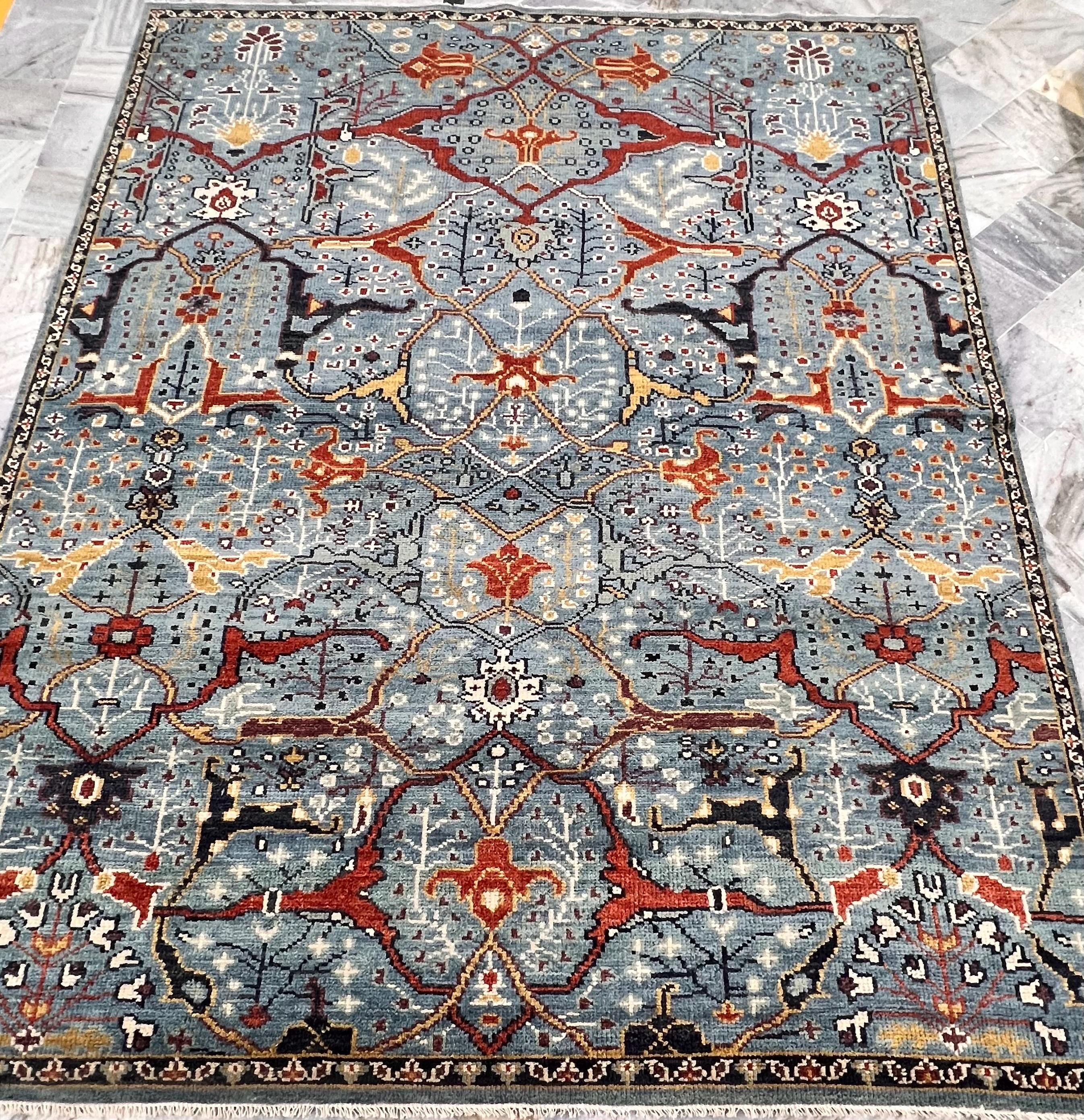 8x10 Hand-Knotted Wool Rug | Blue & Rust Traditional Persian Style