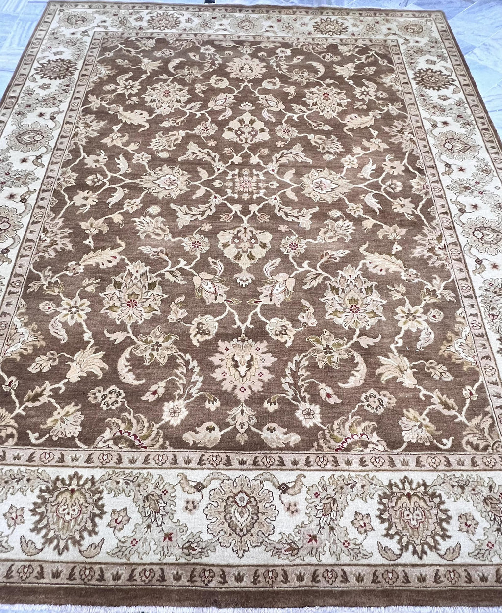 8x10 Hand-Knotted Wool Rug | Espresso Brown & Cream Floral Persian Style