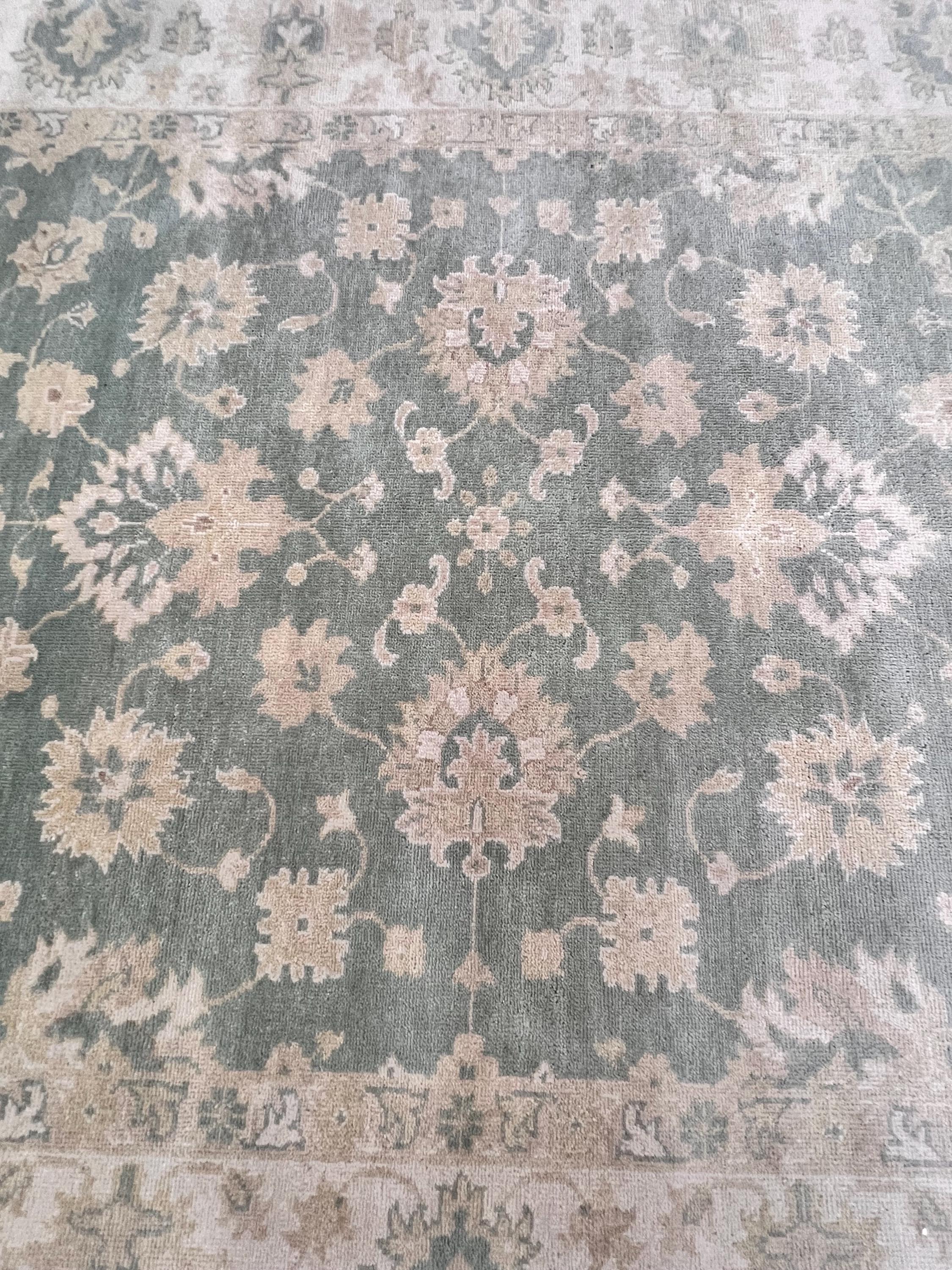 8x10 ft Hand-Knotted Oushak Style Sage Green & Cream Wool Rug