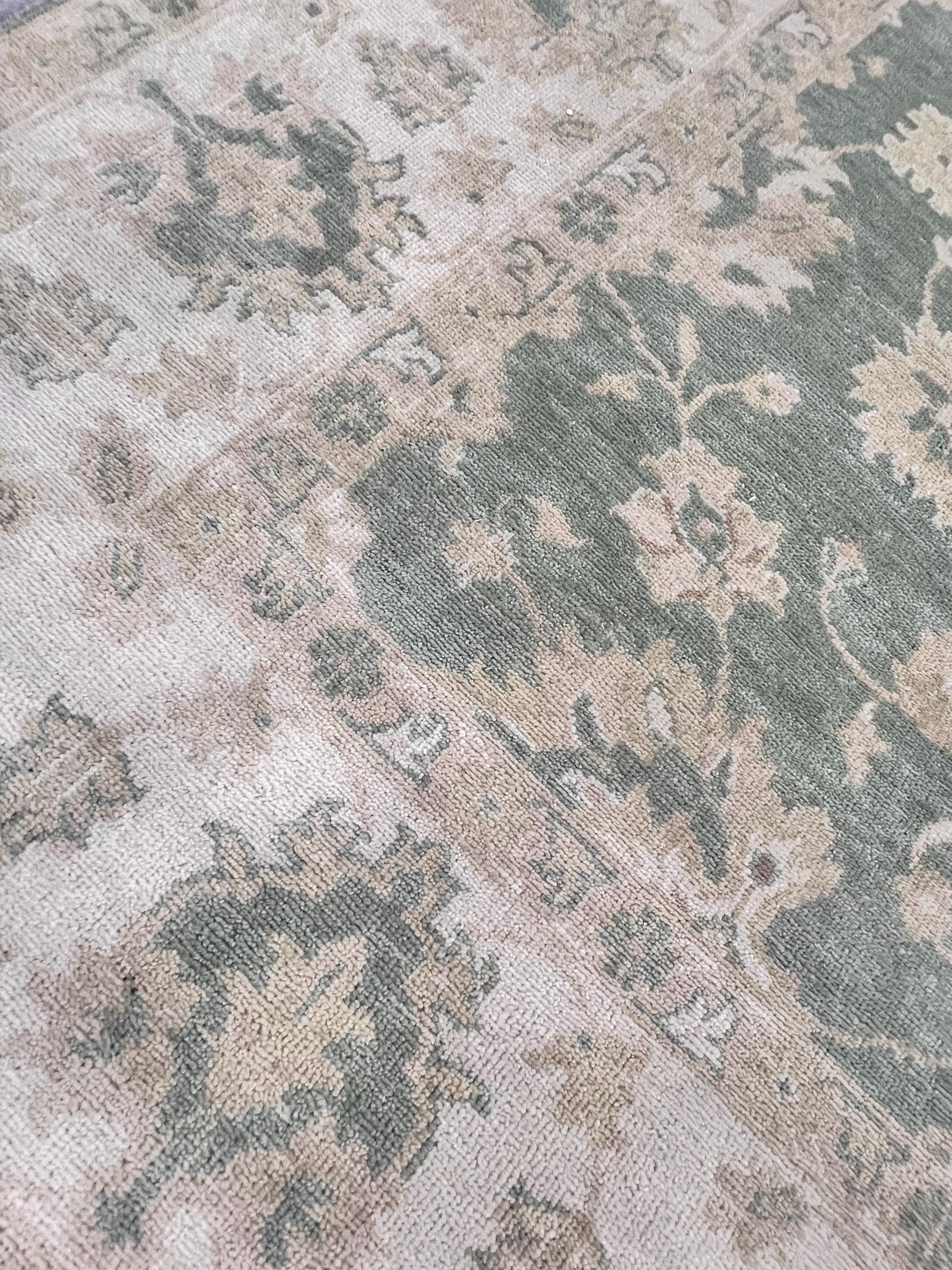 8x10 ft Hand-Knotted Oushak Style Sage Green & Cream Wool Rug
