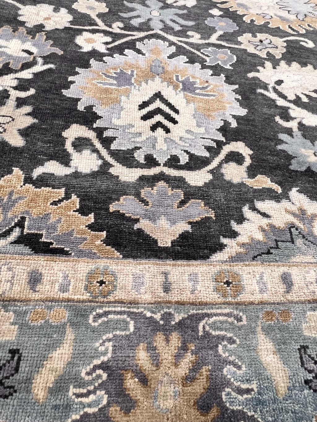 Hand-Knotted Charcoal & Slate Blue Oushak Wool Rug (8x10)
