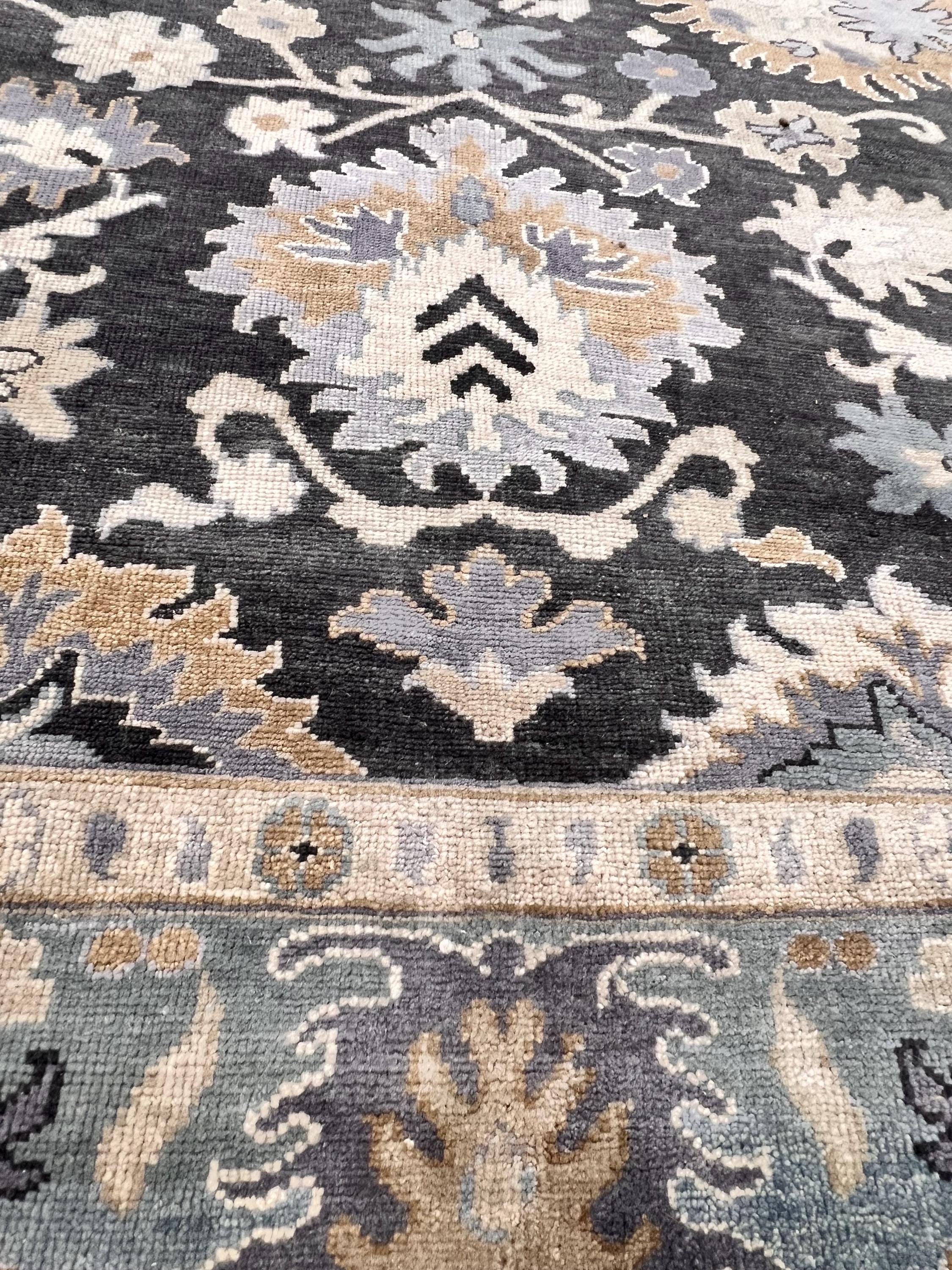 Hand-Knotted Charcoal & Slate Blue Oushak Wool Rug (8x10)
