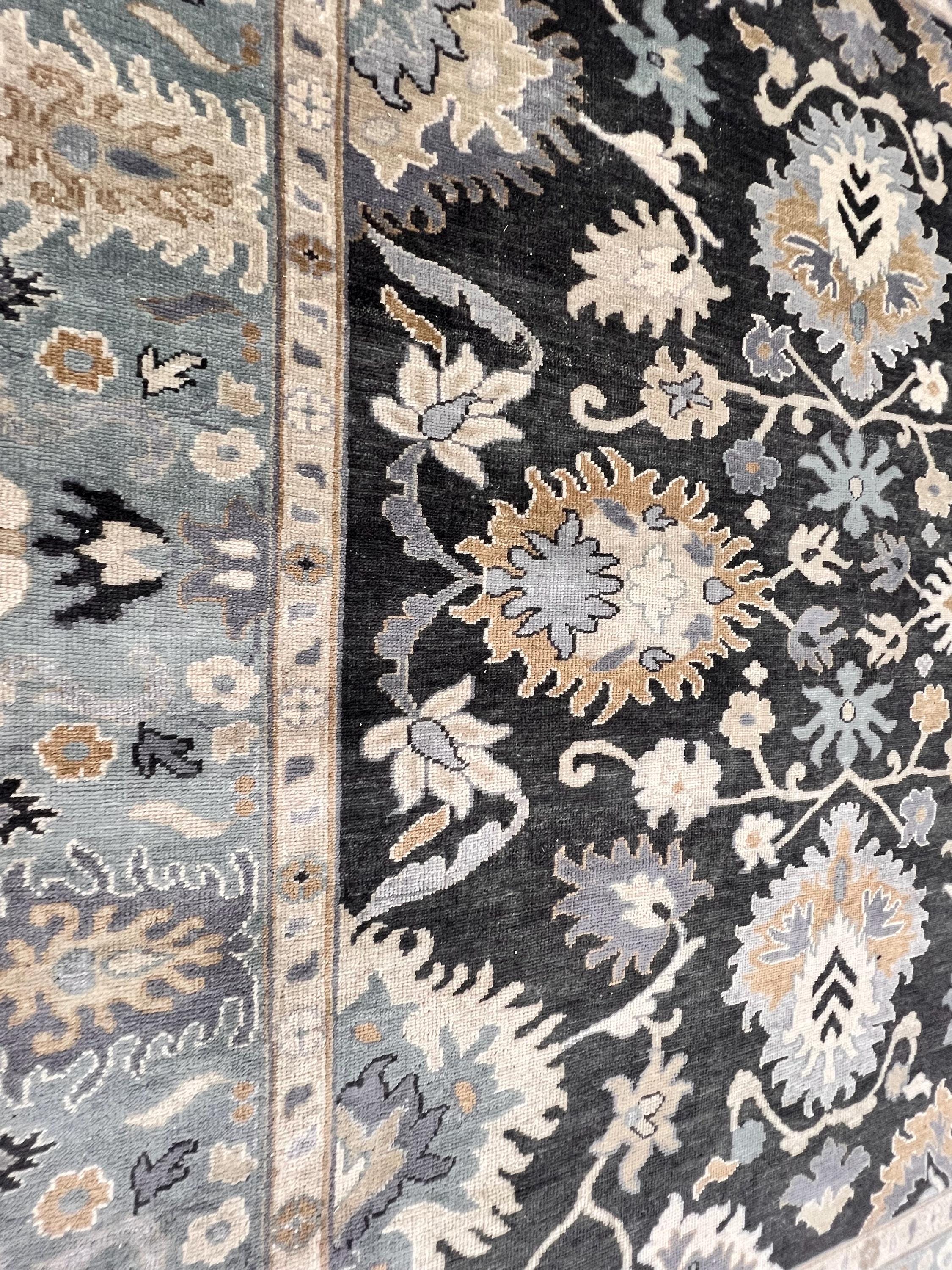 Hand-Knotted Charcoal & Slate Blue Oushak Wool Rug (8x10)