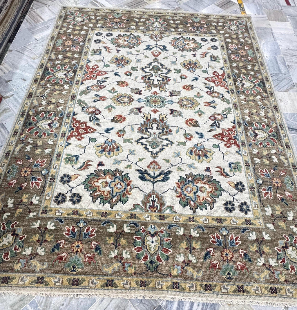 8x10 Vintage-Inspired Hand-Knotted Oushak Wool Rug | Earthy Sage & Terracotta