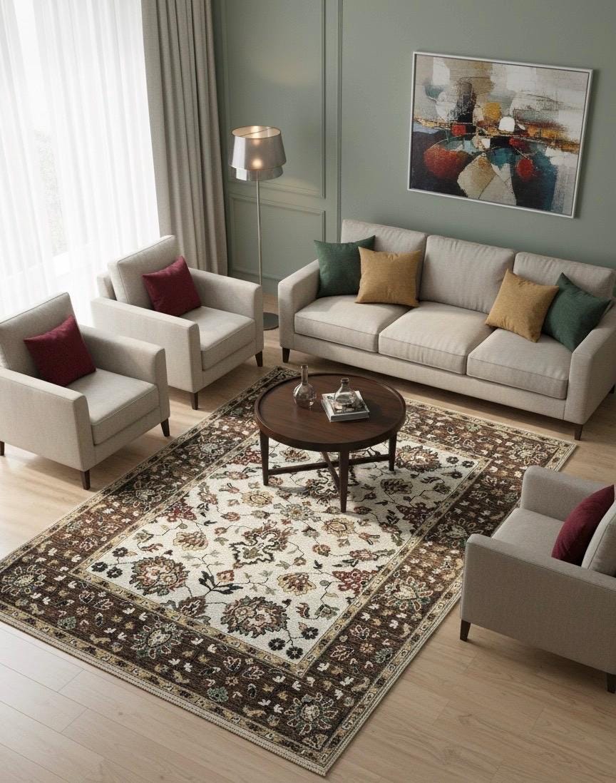 8x10 Vintage-Inspired Hand-Knotted Oushak Wool Rug | Earthy Sage & Terracotta