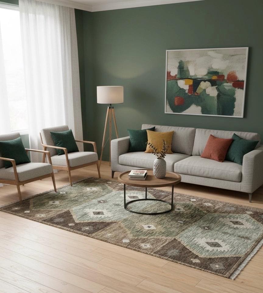 5x8 Hand Knotted Navajo Tribal Geometric Area Rug | Earth Tones, Brown, Sage Green, & Ivory Wool for living room