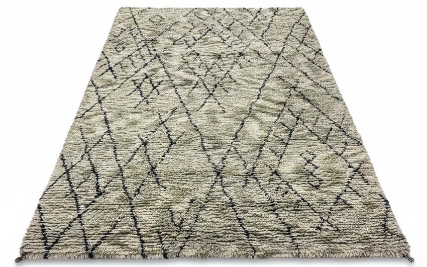 Hand Tufted Moroccan Style Shag 5.2x8 Rug | Olive green with Black Geometric Lines | Plush Wool Feel Area Rug