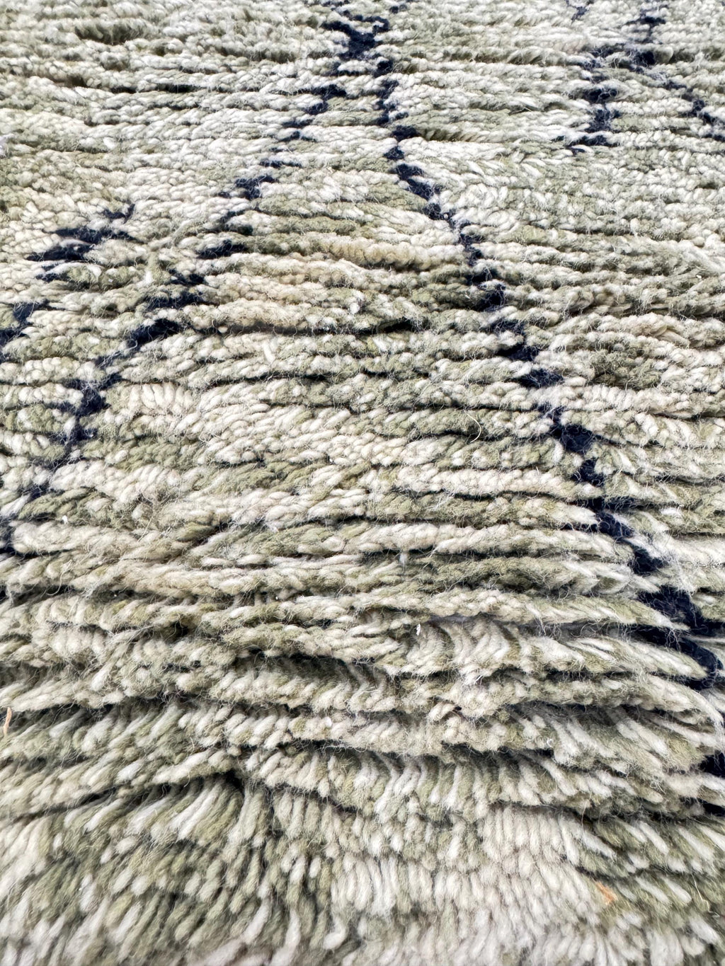 Hand Tufted Moroccan Style Shag 5.2x8 Rug | Olive green with Black Geometric Lines | Plush Wool Feel Area Rug