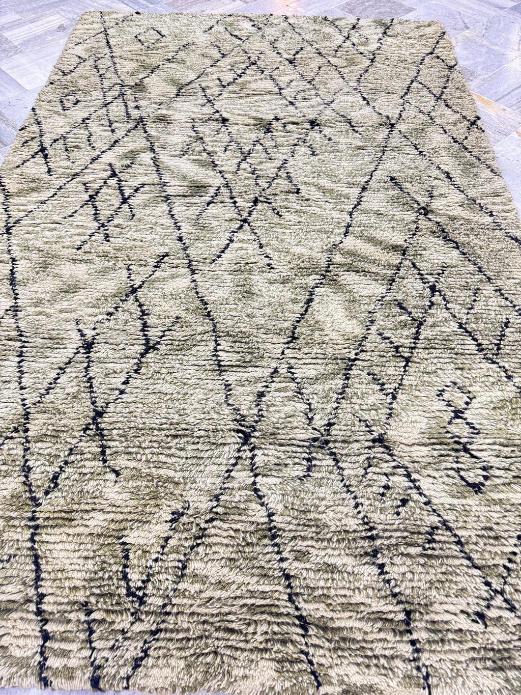 Hand Tufted Moroccan Style Shag 5.2x8 Rug | Olive green with Black Geometric Lines | Plush Wool Feel Area Rug